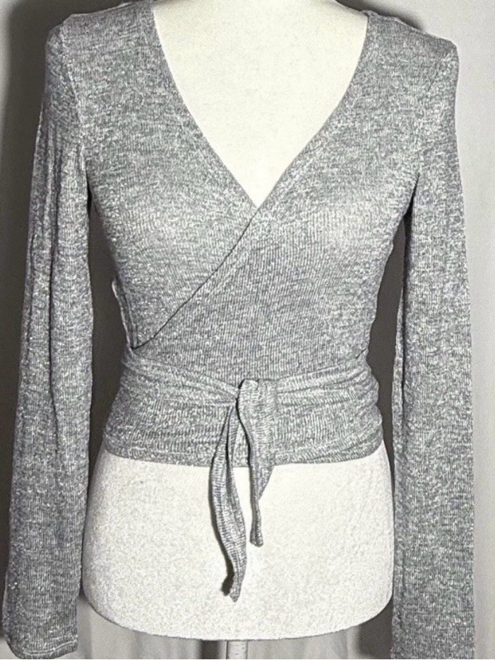 Aerie Tie Front Wrap Around Gray Silver Sparkly Convertible Cardigan Sweater